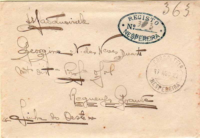 1819 f.jpg -     Lote:    1819 (frente)                   Descrição:         Carimbos ovais de registo. 1912 &mdash; Ceres. CE215, 10C tijolo, denteado 12x11 &frac12;. Par de selos em carta circulada registada de Nespereira (17.08.22) para Reguengo Grande (18.08.22). Carimbo batido a azul "REGISTO / N.º 363 / NESPEREIRA". MB e MR.        Carta       Valor Base:     &euro; 150,00     Valor Venda:     &euro;      